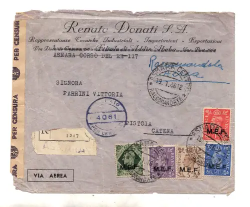 M.E.F. London Auflage 5 Farben Frankatur mit Zensur