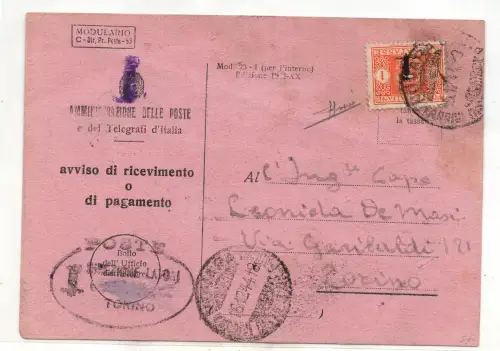 Steuermarken 1 Lira Band auf Rückschein