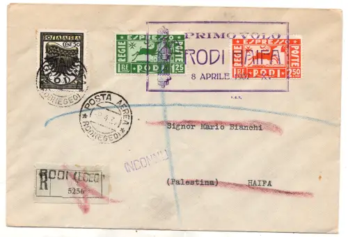 Ägäis - Espressi Nr. 1/2 auf Rhodos/Haifa Aerogramm vom 8.4.37