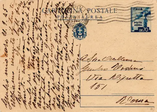 C.P. Cent. 70 Luftpost Nr. C 100 gereist ab Neapel