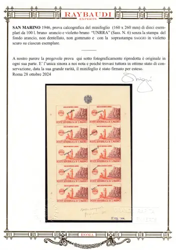 UNRRA - Kleinblatt-Kalkdruckprobe - Rarität Cert. oro Raybaudi