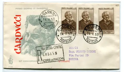 Italien FDC Venetia 1957 Carducci Paar + Einzelreise Racc. für Italien