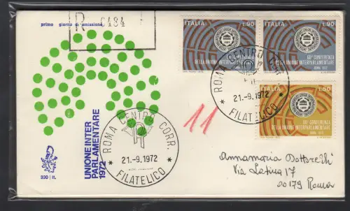 Italien FDC Venetia 1972 Interparlamentarische Union gereist Racc. für Italien