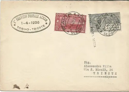 Pavia/Venedig vom 2.4.26 - Aerogramm mit dem I. Luftpostdienst