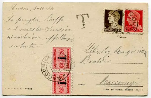 Segnatasse Cent. 20 Paarbänder auf Postkarte verschickt von Cavour