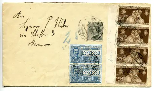 Hochzeit Cent.50 Vierstreifen + Ergänzungen + Paar Exp. Meraner Umschlag