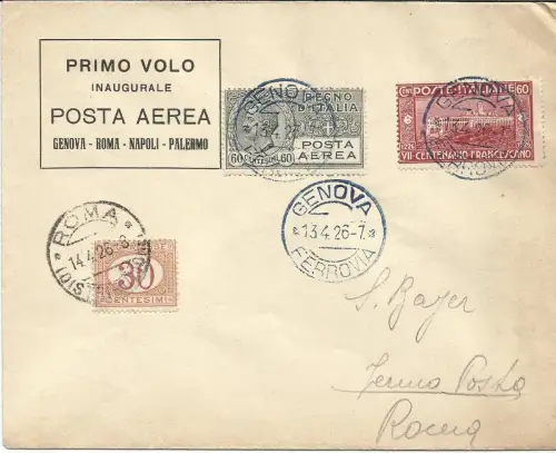 Genua/Rom vom 13.4.26 - Aerogramm mit I. Linienflug