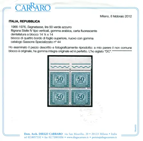 Steuermarken Lire 50 Quartina auf fluoreszierendem Papier gedruckt