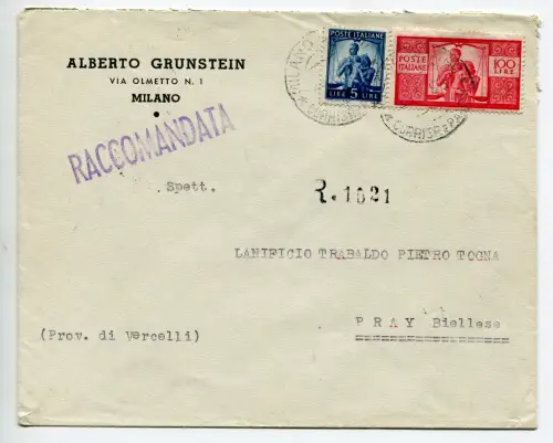 Democratica Lire 100 + Ergänzung auf Umschlag Racc. aus Mailand