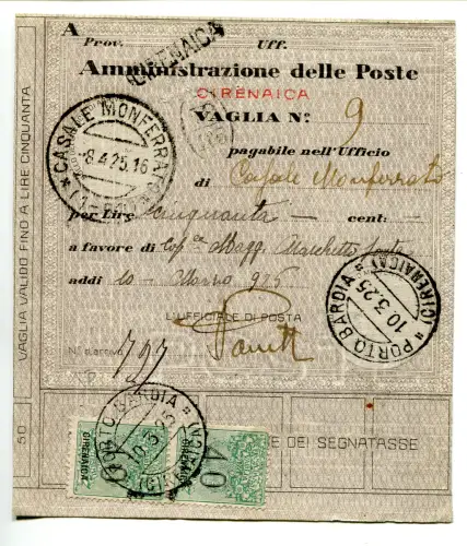Kyrenaica - Steuermarken Vaglia Cent. 40 Paar auf Anweisungsschein