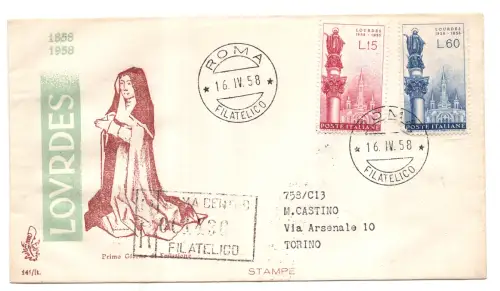 Italien FDC Venetia 1958 Lourdes gereist Racc. für Italien
