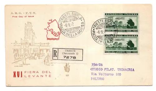 Triest A - Fiera di Bari Paar auf FDC Venedig Racc.
