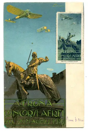 1910 Verona Flugzeugwettbewerbe - Offizielle Postkarte und Erinnofilo