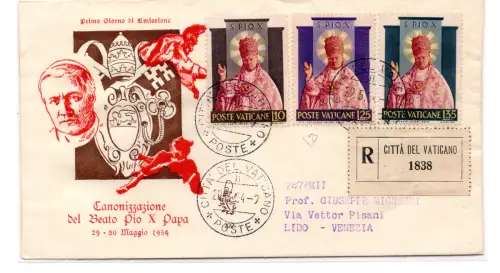 1954 Pius X Nr. 182/184 Serie auf FDC Venetia Racc.