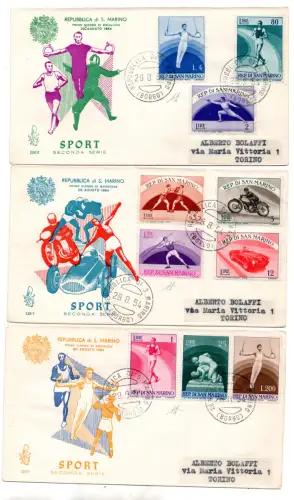 1954 Sport 2 Nr. 409/418 Serie auf drei FDC Venetia nach Turin
