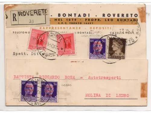 Centband. 50 rot orange Nr. 493E auf Postkarte mit 50 roten