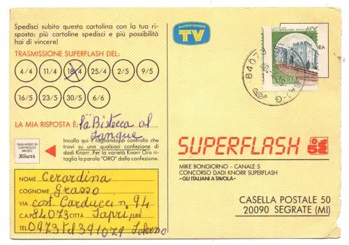 Castelli Lire 400 Nr. 1520 vertikale Verzahnung auf Postkarte verschoben