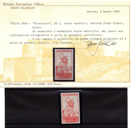 Pinocchio weißer Hintergrund Nr. 746a - Zertifikat Sav. Olive - MNH
