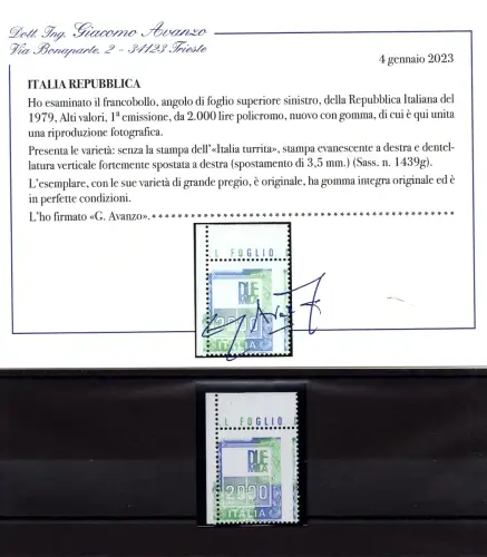 Hohe Werte Lire 2.000 ohne Kopf Nr. 1439g - MNH