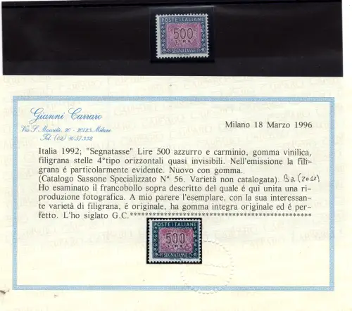 Steuermarken Lire 500 Nr. 123 filigran fast unsichtbar - postfrisch