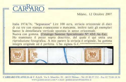 Segnatasse Lire 100 n. 119/IIac fehlender und flüchtiger Druck - MNH