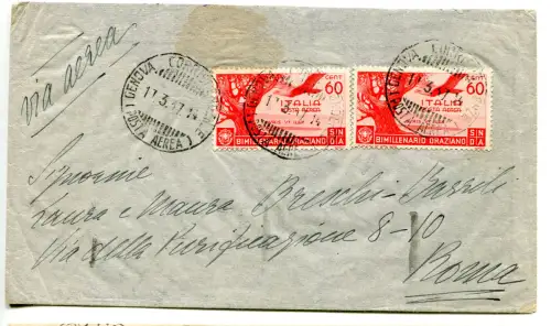 Luftpost Orazio Cent.60 Nr.97 zwei Exemplare Luftumschlag von Genua nach Rom