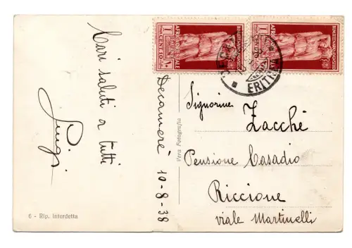 A.O.I. - Augusto Cent. 10 Nr. 22 auf Postkarte von Decamè nach Italien