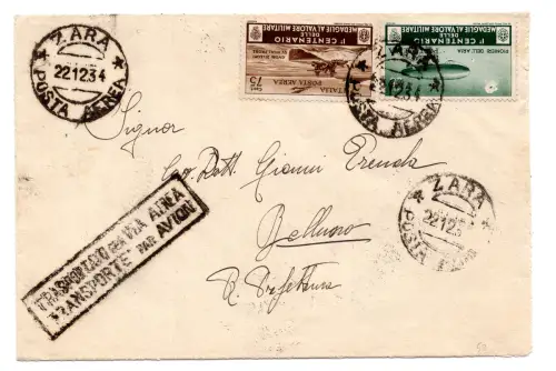 Tapferkeitsmedaillen - Umschlag auf dem Luftweg von Zadar am 22.12.34 transportiert