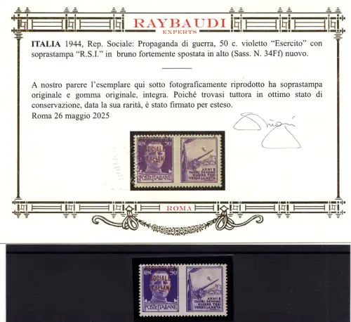 Prop. di Guerra Cent. 50 n. 34Ff - MNH - Cert. Raybaudi