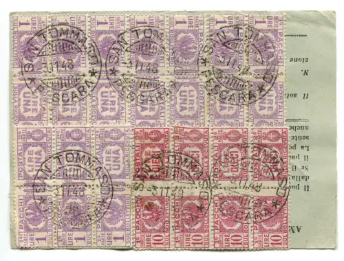 Notfall - Postpakete Lire 10 Viererstreifen Mischfrankatur