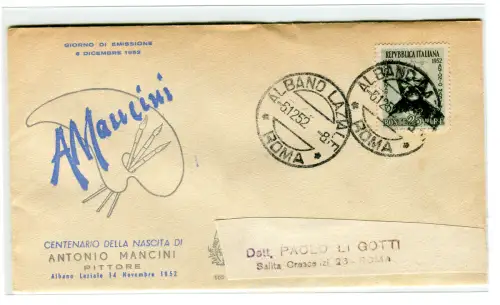 Italien FDC Venetia 1952 Mancini nicht gereist