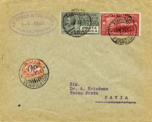 Turin/Pavia vom 1.4.26 - Aerogramm des bei Ankunft besteuerten Fluges