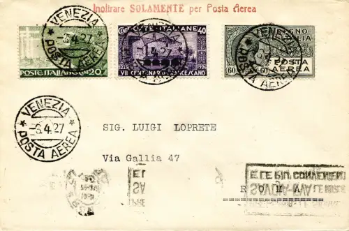 Venedig/Rom vom 6.4.27 - Aerogramm des Testflugs der Gesellschaft