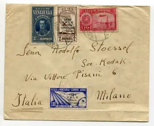 Venezuela - Umschlag auf dem Luftweg von Caracas nach Mailand am 13.4.38
