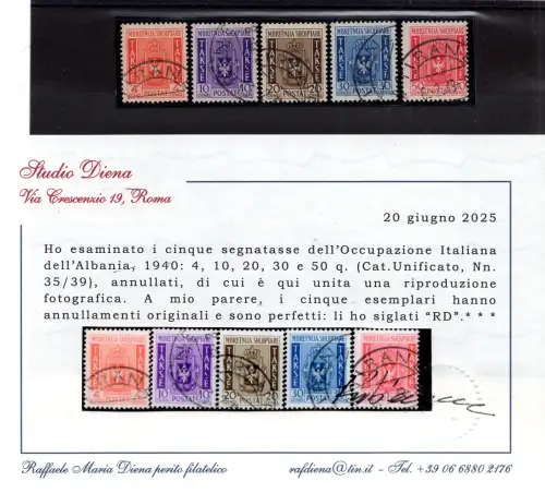 Albanien Occ. Italiana Segnatasse n. 1/5 Diena Zertifikat