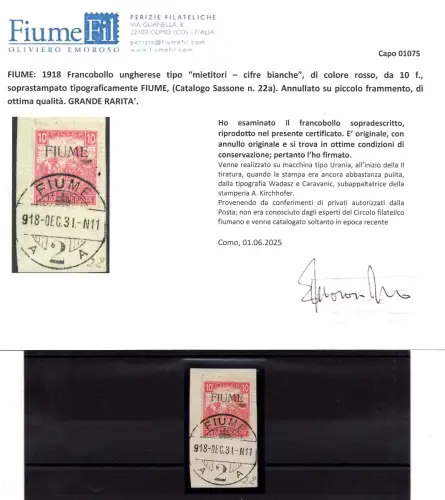 Fluss - 10 f. rot Mähdrescher Nr. 22. weiße Ziffern - Cert. Emoroso