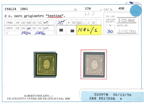 Sardinien Cent. 2 Bolaffi zertifizierter Zentrumskopf Nr. 45C - MNH