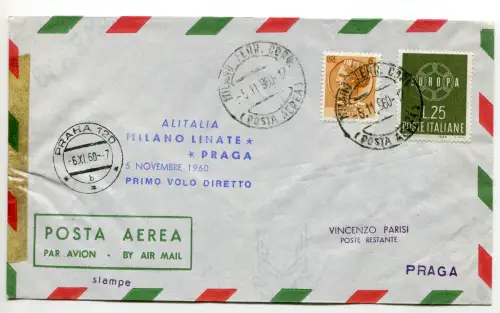 Alitalia Mailand/Prag vom 5.11.60 - Aerogramm mit Flugstempel