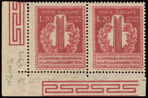 Volta Lire 20 Nr. 611 Paar a .di f. mit nur Wasserzeichen P.M.F.