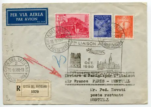 I. Flug Paris/Montreal - Aerogramm vom Vatikan nach Montreal am 29.9.50