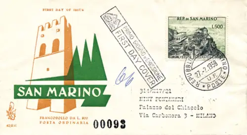 San Marino - Panoramablick 500 Lire auf Umschlag Venetia Racc.