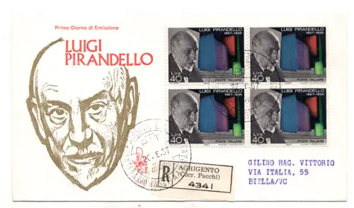 Italien FDC Venetia 1967 Pirandello Viertelreise Racc. für Italien