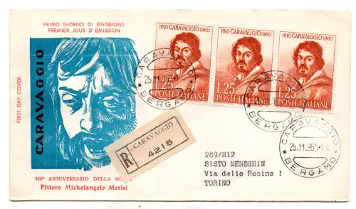 Italien FDC Venetia 1960 Caravaggio Dreierstreifen gereist Racc. für Italien