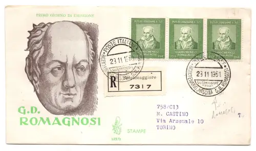 Italien FDC Venetia 1961 Romagnose Dreierstreifen nach Italien gereist