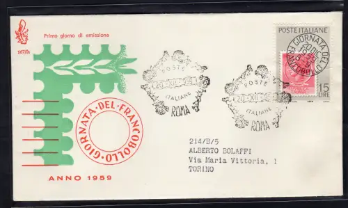 Italien FDC Venetia 1959 Tag der Briefmarke nicht gereist