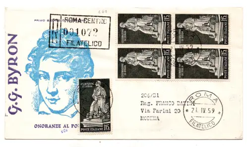 Italien FDC Venetia 1959 Byron Viertelreise Racc. für Italien