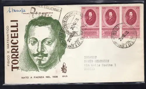 Italien FDC Venetia 1958 Torricelli Dreierstreifen gereist Racc. für Italien