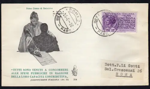 Italien FDC Venetia 1954 Beitragskampagne nicht nach Italien gereist