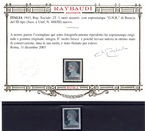 GNR Lire 25 Brescia III. Typ Nr. 488/III - Cert. gold Ray. - MNH