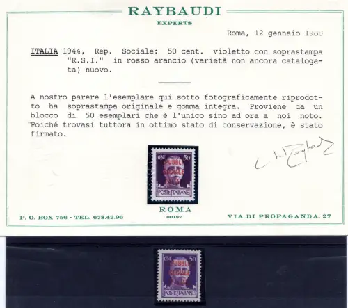 Centschelle. 50 n. 493E Aufdruck in rot orange - MNH